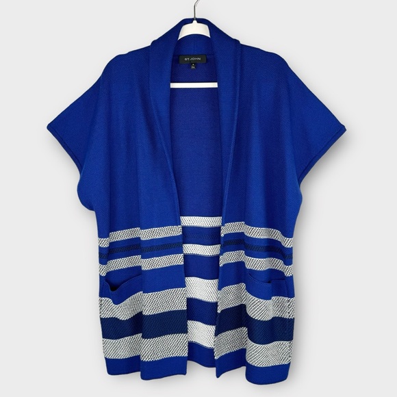 St. John Sport Cobalt Blue Wool Sweater Vest M Striped Short Sleeve Cardigan EUC - Picture 1 of 9